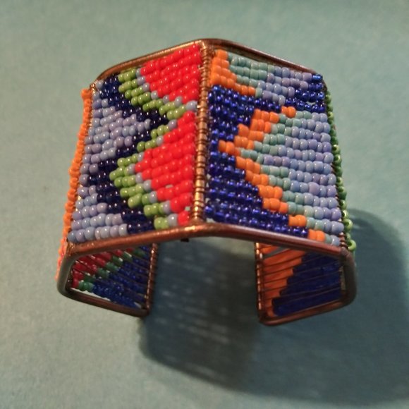 Colorful Hand Beaded Aztec Cuff Bracelet - Picture 1 of 6